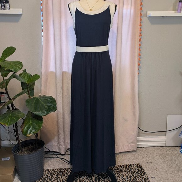 Lands’ End Navy White Sleeveless Maxi Dress High Neck Stretch Comfy Size Large - Picture 1 of 8